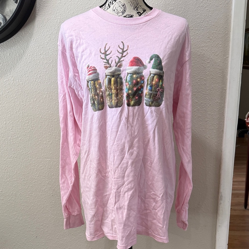 Christmas Pickle Pink Long Sleeve T-shirt size M - Picture 1 of 5
